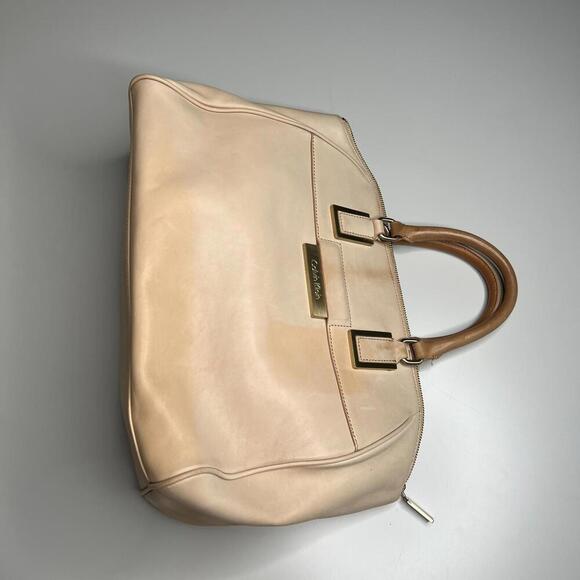 Calvin Klein Beige Leather Satchel Tote Bag Gold Hardware Structured Large Purse - Picture 11 of 15